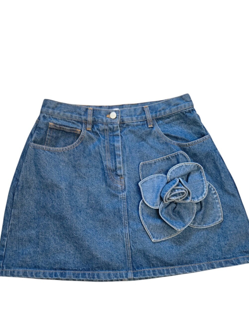 AKNVAS Denim Lucia Miniskirt 3D Floral Rosette Applique Size 12 Jean Skirt Blue